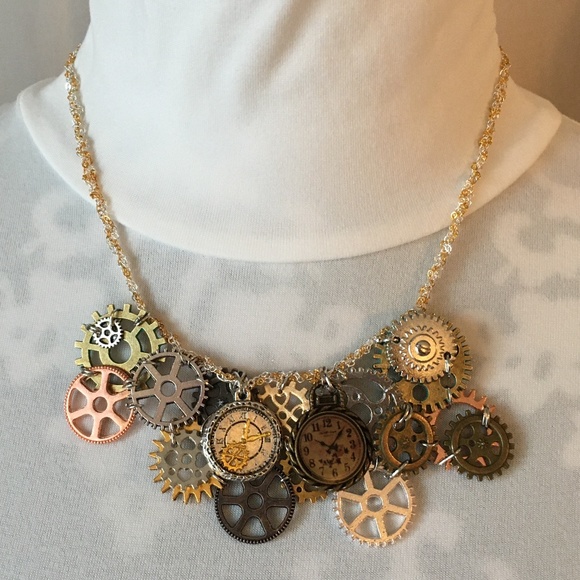 SOLD—Steampunk Handmade Steamer Mixed Metal Bib Necklace with Gears, Clocks - Picture 9 of 16